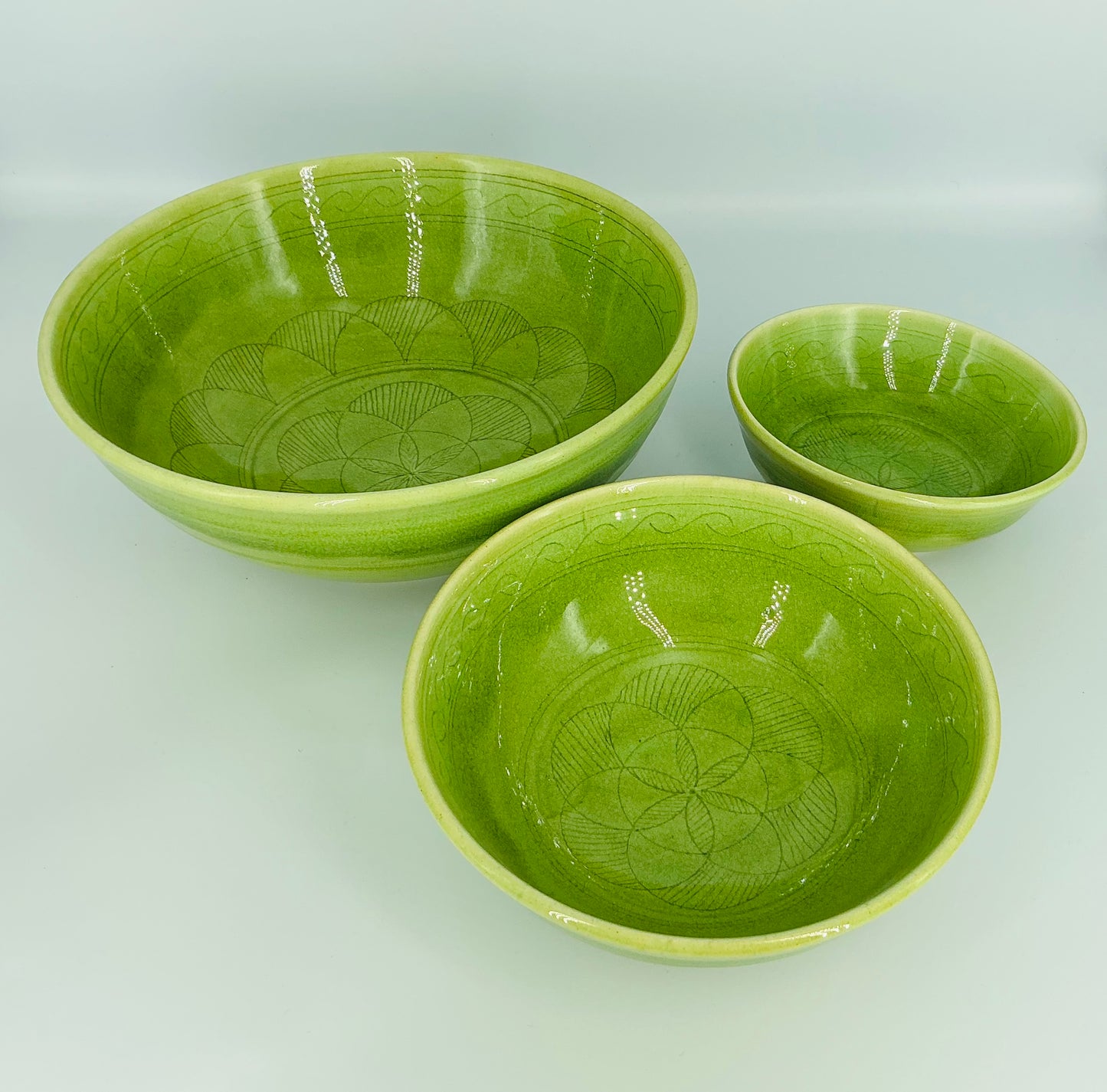 Glazed Etched Bowls - Set of 3