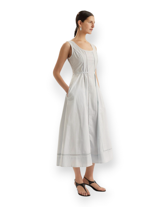 Birdie by Nina Liddle Design Harini tea-length sleeveless dress in light blue Pima cotton poplin with ladder lace trim