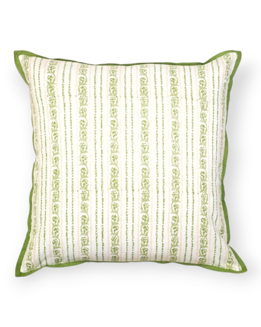 Birdie by Nina Liddle Design Elise pillow featuring a green and white botanical stripe pattern on linen-cotton blend.