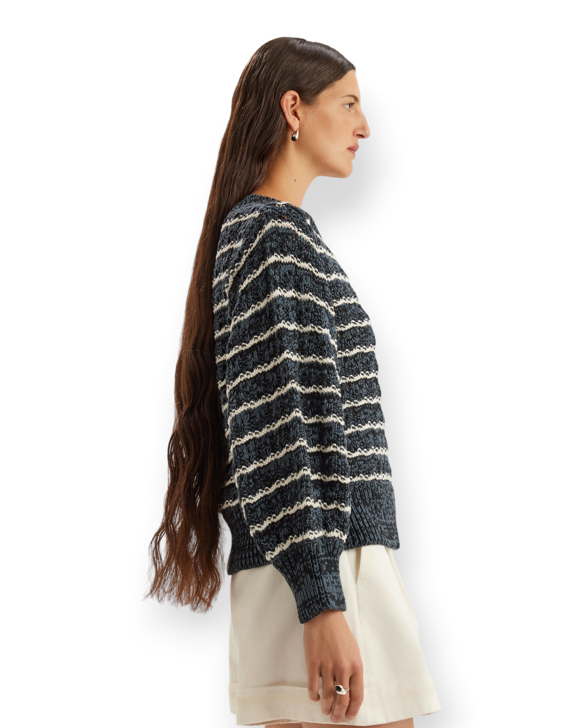 Birdie by Nina Liddle Design Cy Sweater in dark blue mercerized cotton with pointelle stripes and voluminous sleeves