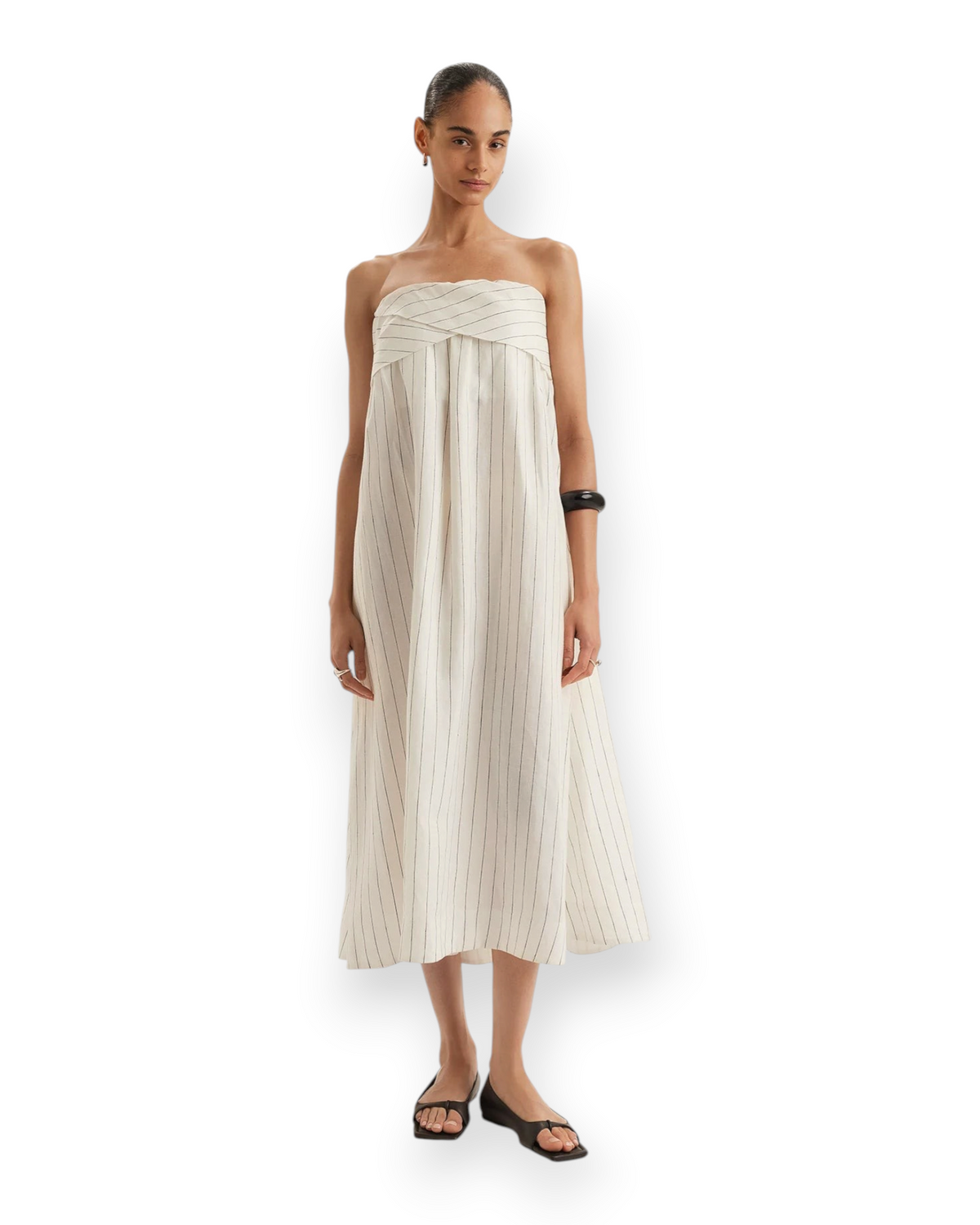 Birdie by Nina Liddle Design Mogra knee-length strapless linen dress in ivory with black vertical stripes