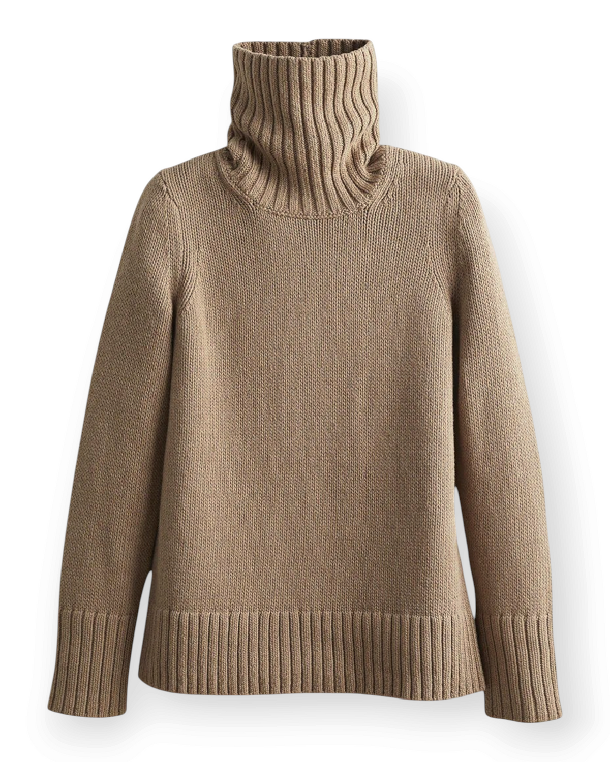 Birdie by Nina Liddle Design Wynn turtleneck sweater in beige Turkish cotton with bold ribbed collar and hem.