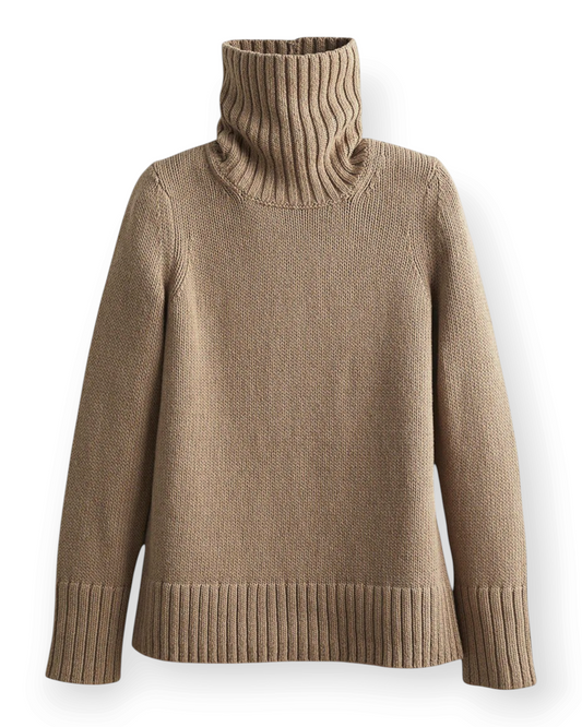 Birdie by Nina Liddle Design Wynn turtleneck sweater in beige Turkish cotton with bold ribbed collar and hem.