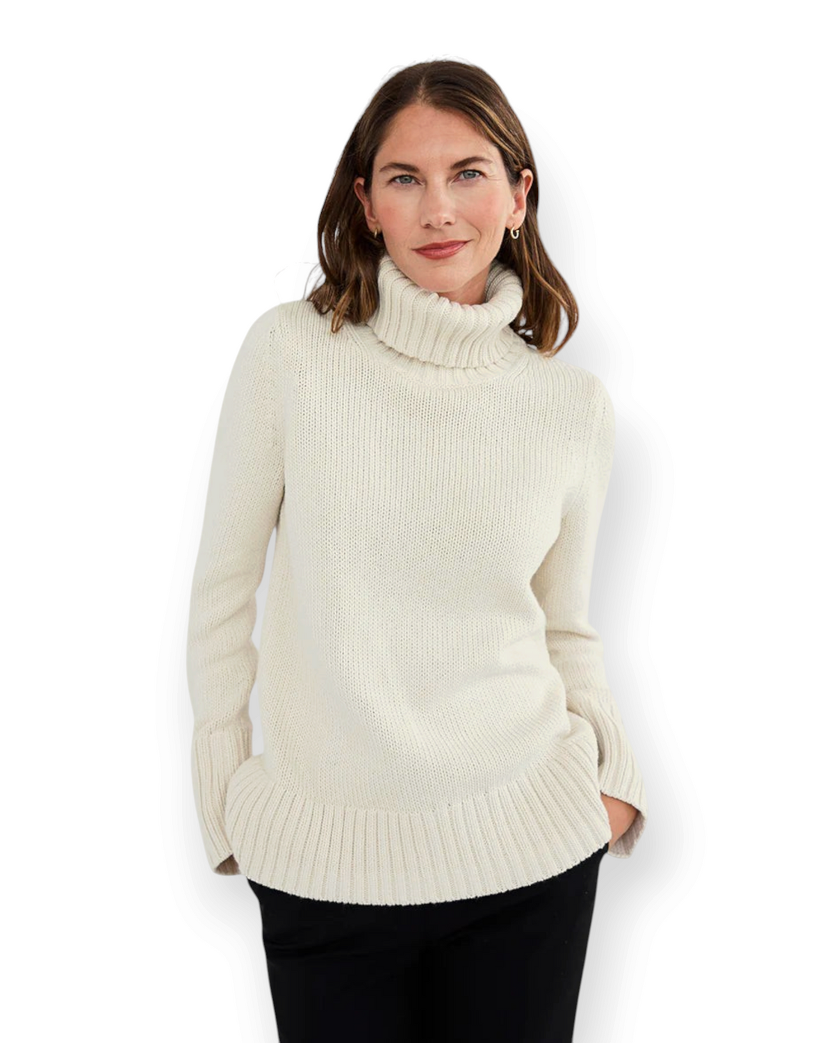 Woman wearing a Birdie by Nina Liddle Design cream-colored ribbed cotton turtleneck sweater with a relaxed fit.
