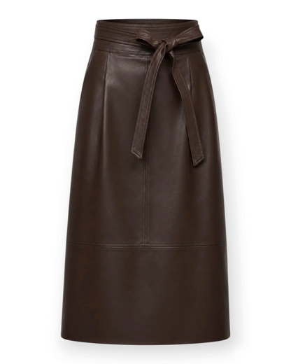 Birdie by Nina Liddle Design brown lambskin leather midi skirt with front pleats, side pockets, and a waist belt.