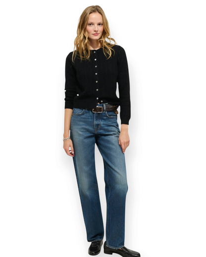 Birdie by Nina Liddle Design Gracie sweater in black merino wool cotton blend with pointelle lace and shell buttons