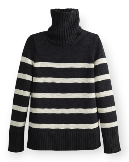 Birdie by Nina Liddle Design Wynn striped cotton turtleneck sweater in black and white with bold ribbed detailing.