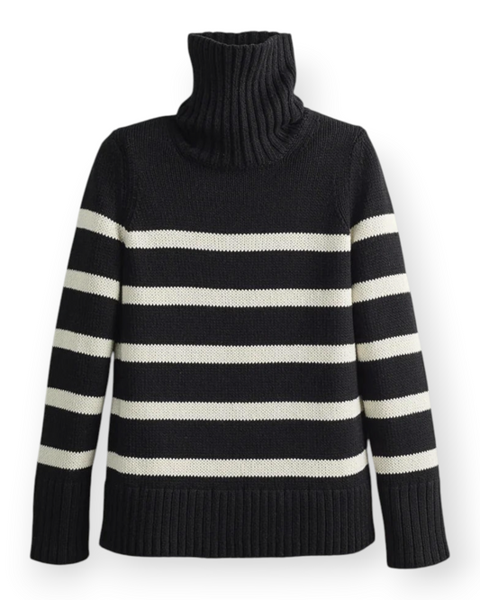 Birdie by Nina Liddle Design Wynn striped cotton turtleneck sweater in black and white with bold ribbed detailing.