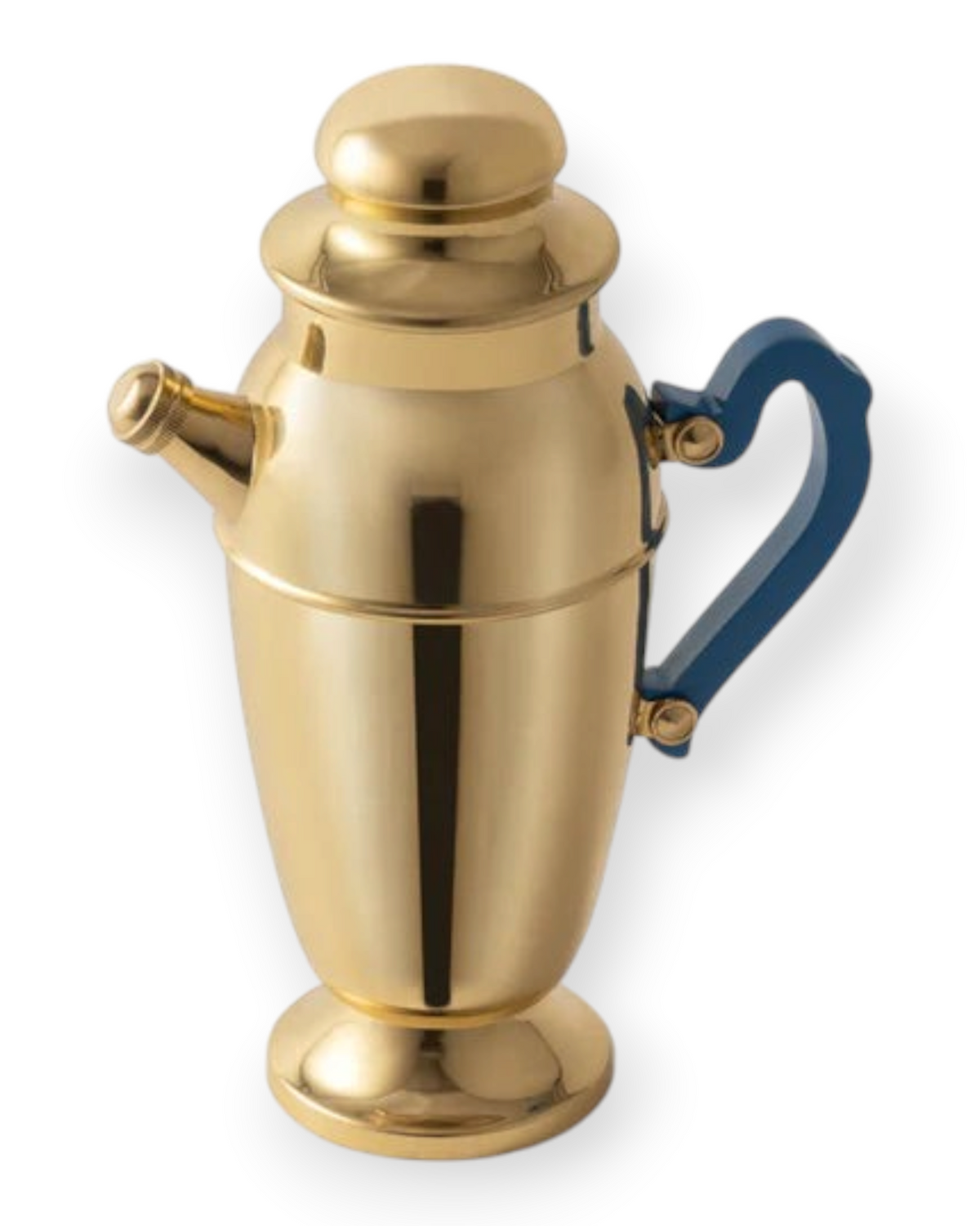 Birdie by Nina Liddle Design polished brass cocktail shaker with a blue resin handle on a white background.