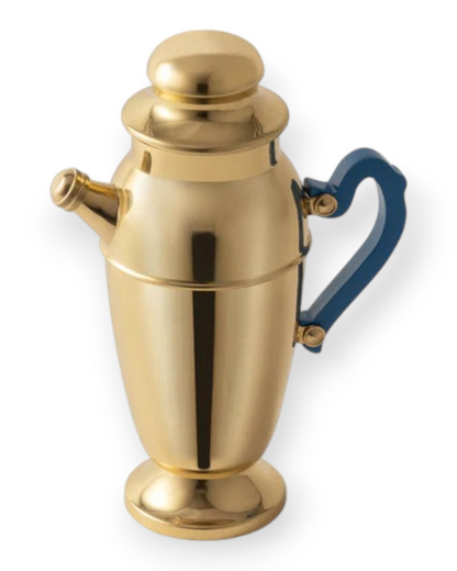 Birdie by Nina Liddle Design polished brass cocktail shaker with a blue resin handle on a white background.