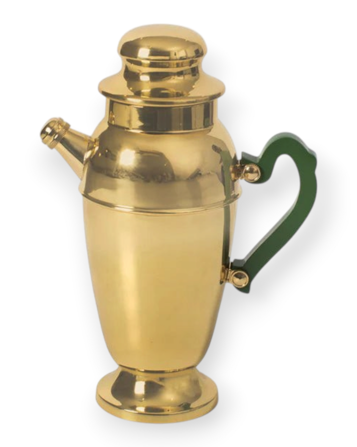 Birdie by Nina Liddle Design polished brass cocktail shaker with a decorative green resin handle