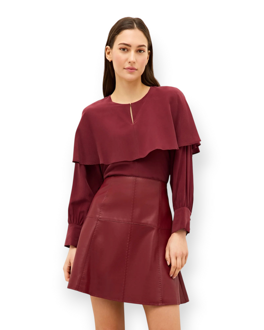 Birdie by Nina Liddle Design Jayne blouse in port silk with a romantic fixed cape and center front keyhole detail