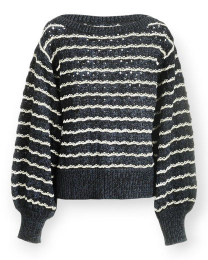Birdie by Nina Liddle Design Cy Sweater in dark navy mercerized cotton with white pointelle stripe and full sleeves.