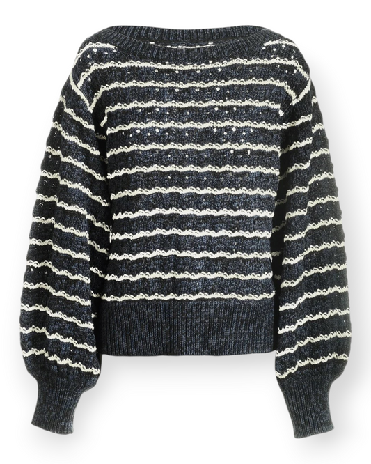 Birdie by Nina Liddle Design Cy Sweater in dark navy mercerized cotton with white pointelle stripe and full sleeves.