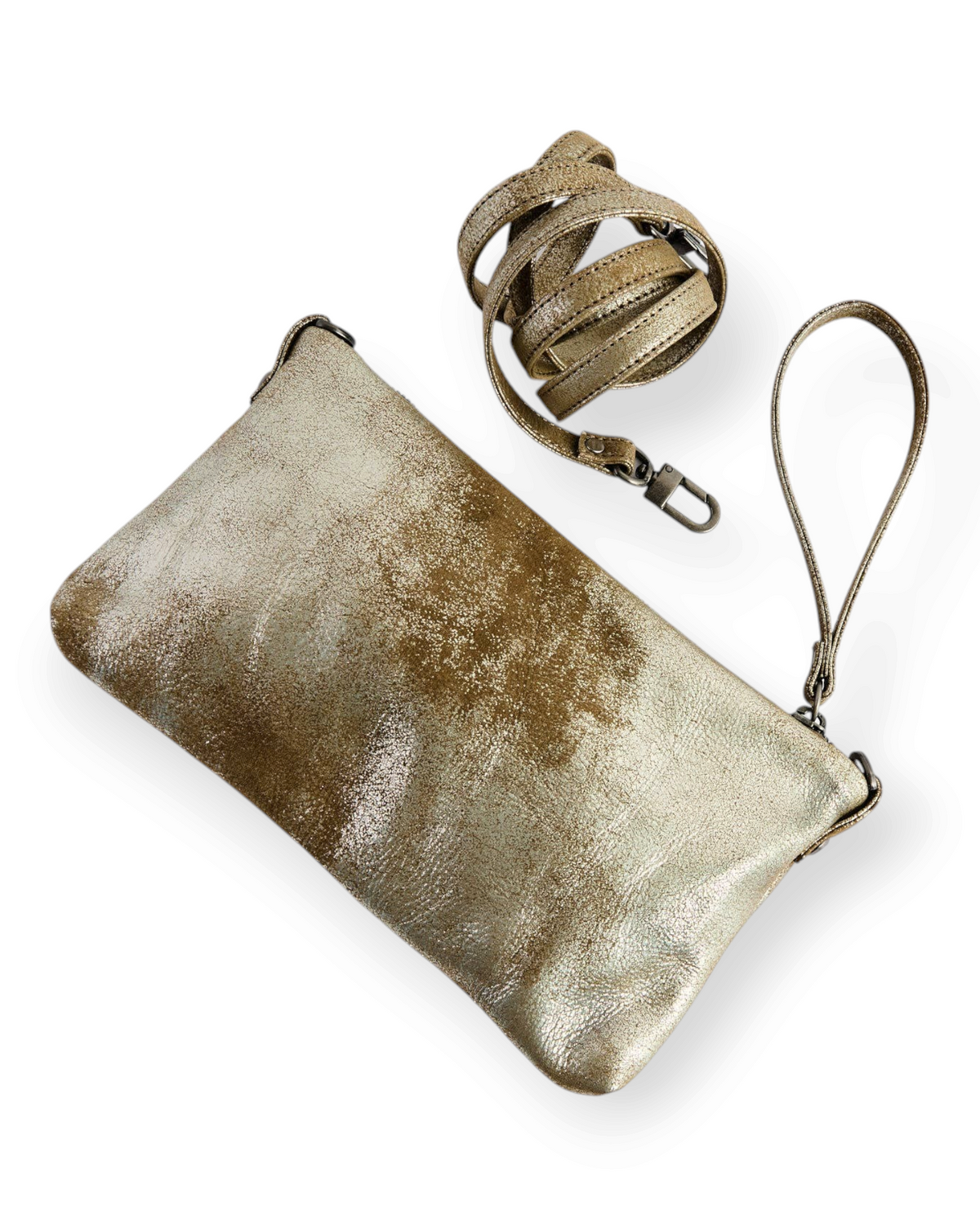 Birdie by Nina Liddle Design Pinched Bottom Traveler small metallic gold leather crossbody bag with silver hardware.
