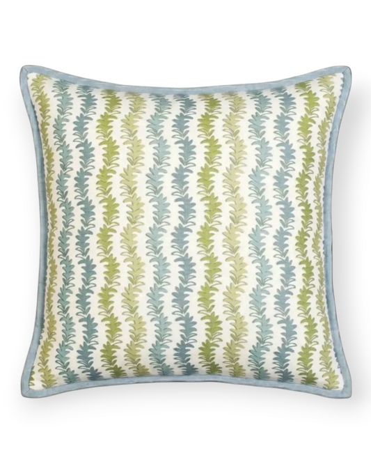 Birdie by Nina Liddle Design Leyla pillow featuring a green and blue botanical stripe print on linen-cotton fabric.
