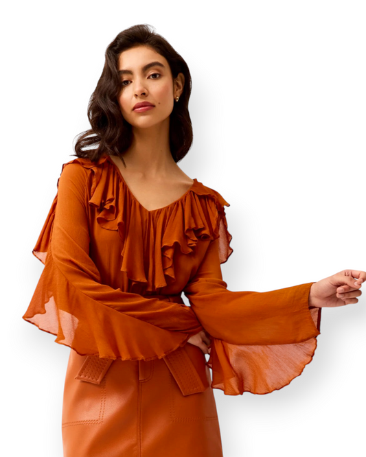 Birdie by Nina Liddle Design Trudy blouse in brandy crinkle chiffon with cascading ruffles and sheer sleeves.