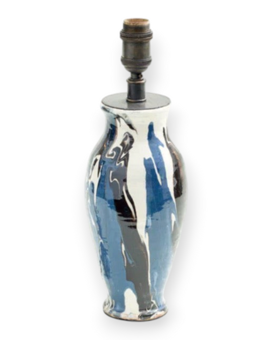 Birdie by Nina Liddle Design Toro lamp featuring a handcrafted blue, black, and white marbled ceramic base.