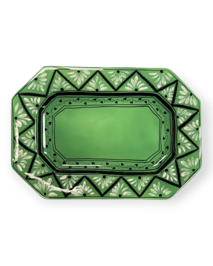 Birdie by Nina Liddle Design Gigi octagonal ceramic platter in green with hand-painted white floral border details.