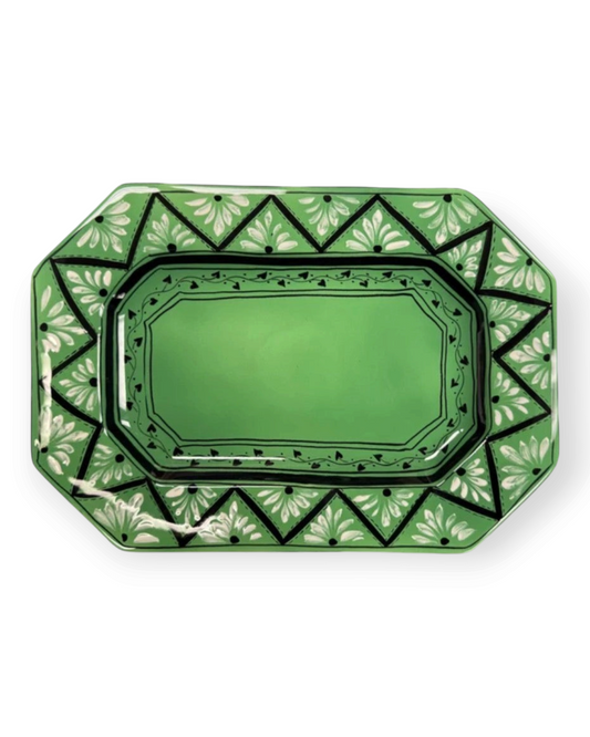 Birdie by Nina Liddle Design Gigi octagonal ceramic platter in green with hand-painted white floral border details.
