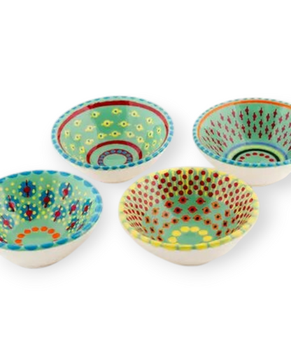 Birdie by Nina Liddle Design handmade ceramic poppy ramekins with colorful hand-painted patterns on a white background