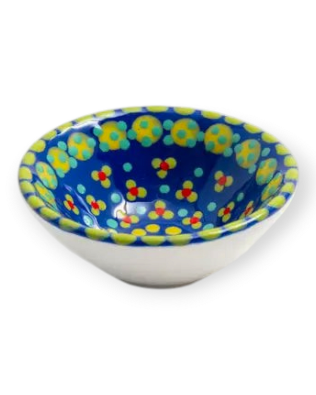 Birdie by Nina Liddle Design handmade ceramic poppy ramekin with blue, yellow, and red floral pattern