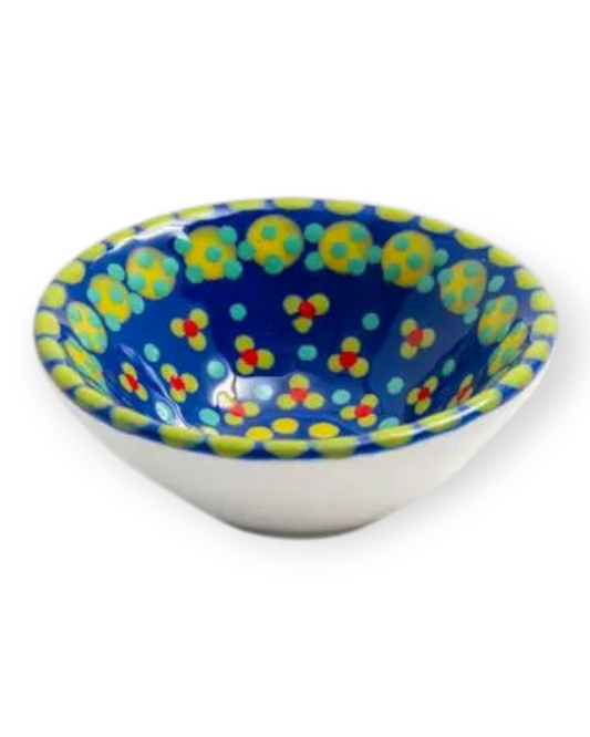 Birdie by Nina Liddle Design handmade ceramic poppy ramekin with blue, yellow, and red floral pattern