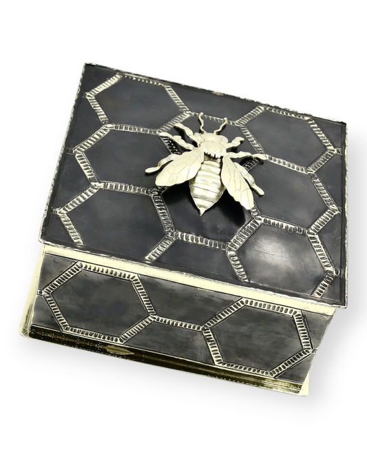 Birdie by Nina Liddle Design square keepsake box in dark Alpaca metal with a silver bumble bee and honeycomb pattern.