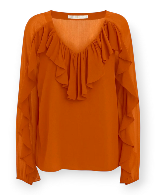 Birdie by Nina Liddle Design Trudy blouse in brandy crinkle chiffon with cascading ruffles at the neck and sleeves.