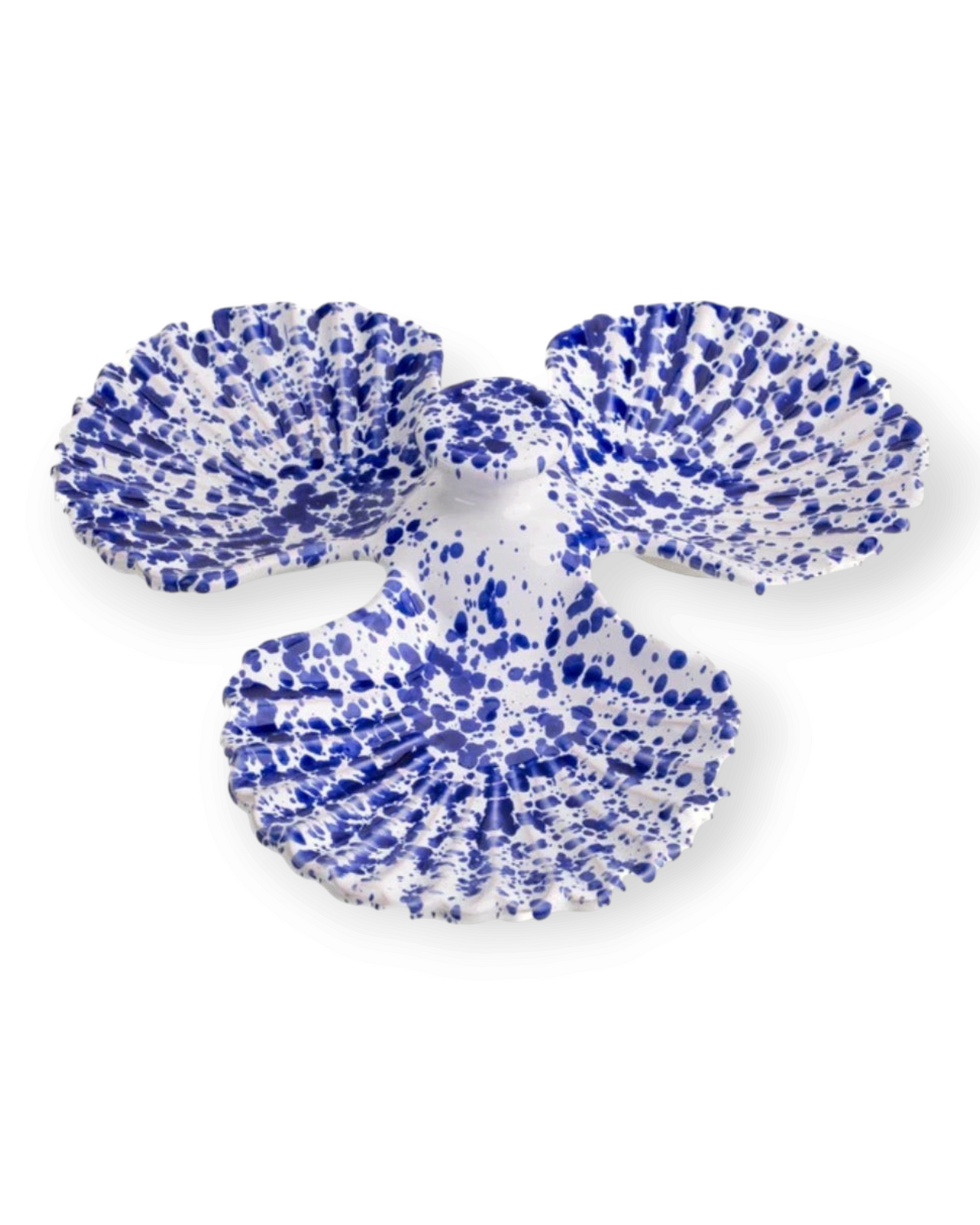Birdie by Nina Liddle Design Triple Concha ceramic dish with a blue and white speckled sponge-painted finish