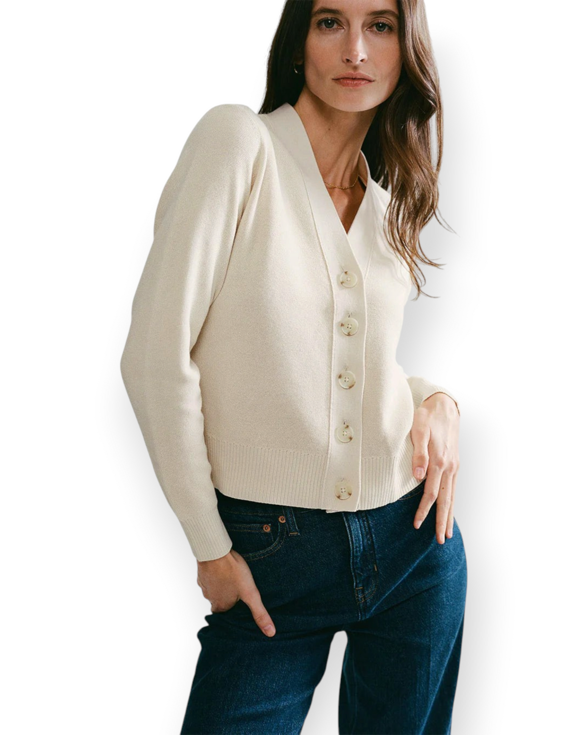 Birdie by Nina Liddle Design Perry Cardigan in cream Egyptian cotton with a slim fit, button front, and ribbed hem.
