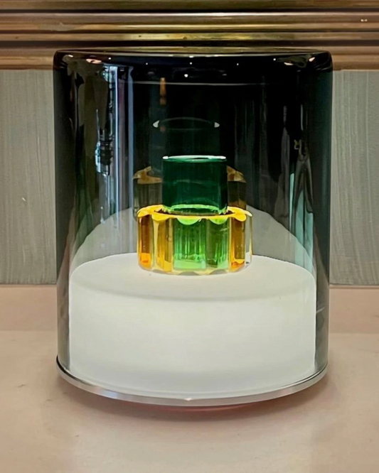 Birdie by Nina Liddle Design handblown Murano glass cylinder table light with green and yellow interior gems.