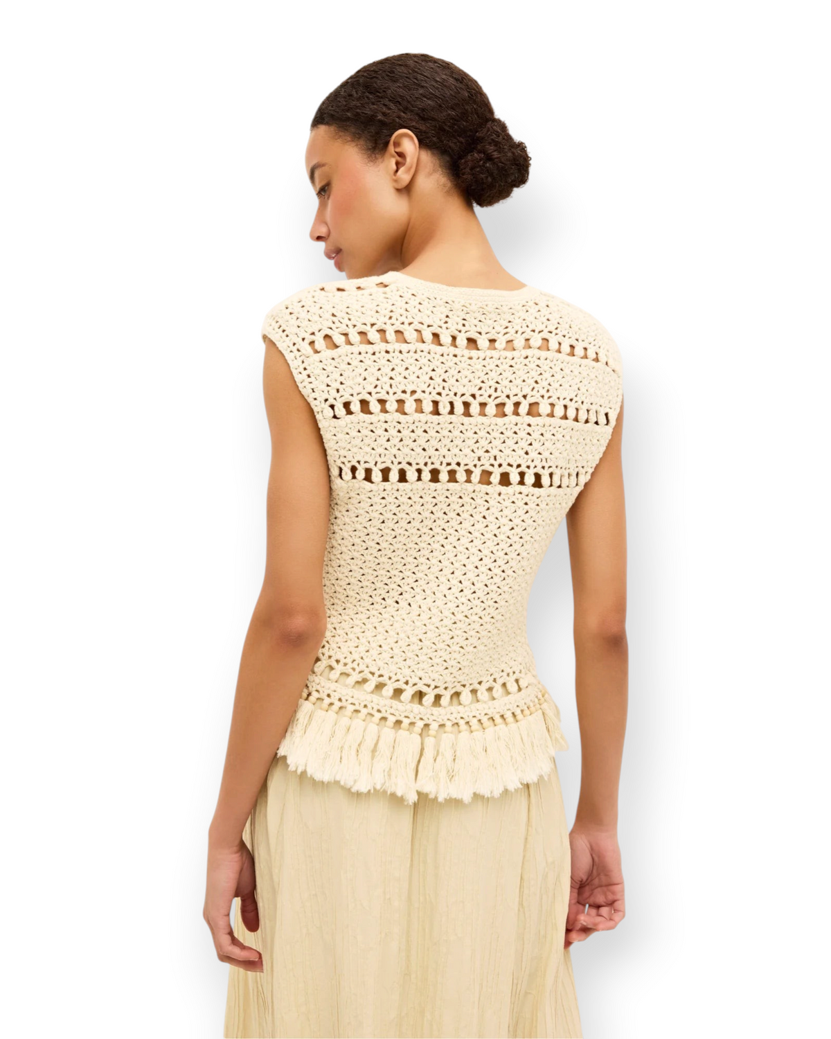 Birdie by Nina Liddle Design Mira Top in cream crochet cotton with cap sleeves, tassel hem, and bead detailing
