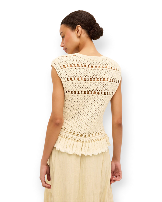 Birdie by Nina Liddle Design Mira Top in cream crochet cotton with cap sleeves, tassel hem, and bead detailing