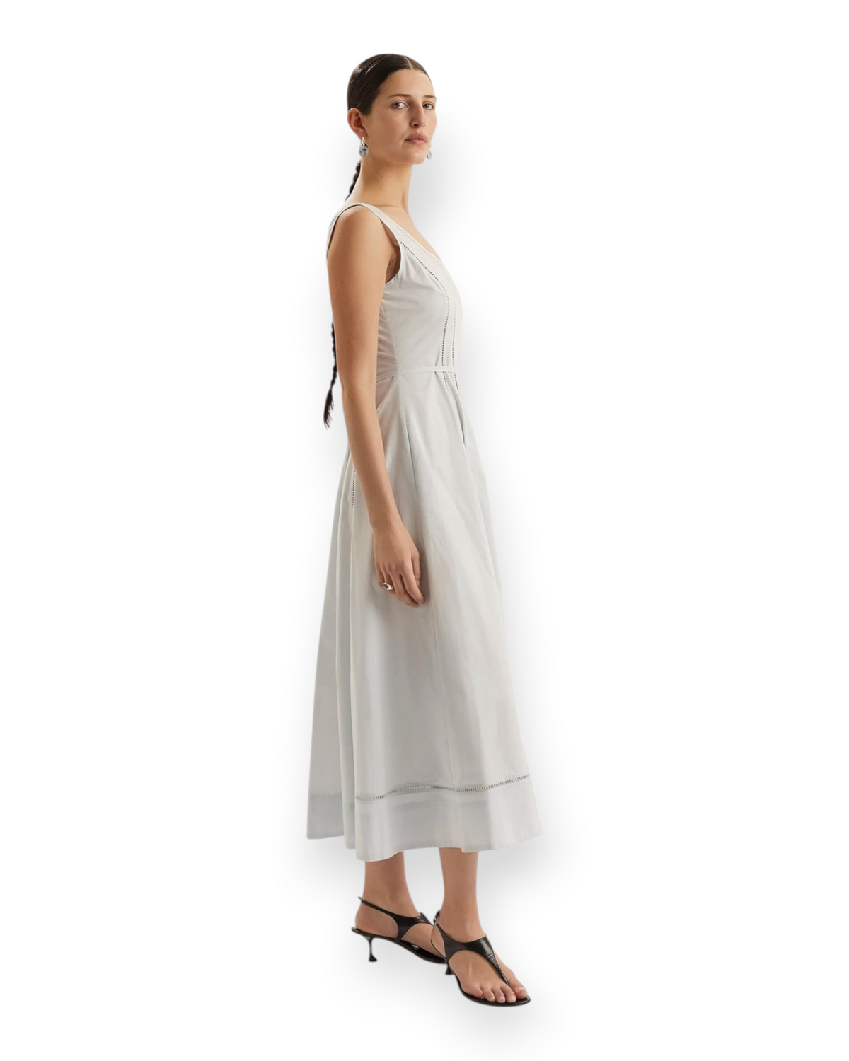 Birdie by Nina Liddle Design Harini tea-length sleeveless dress in skye blue pima cotton with ladder lace trim