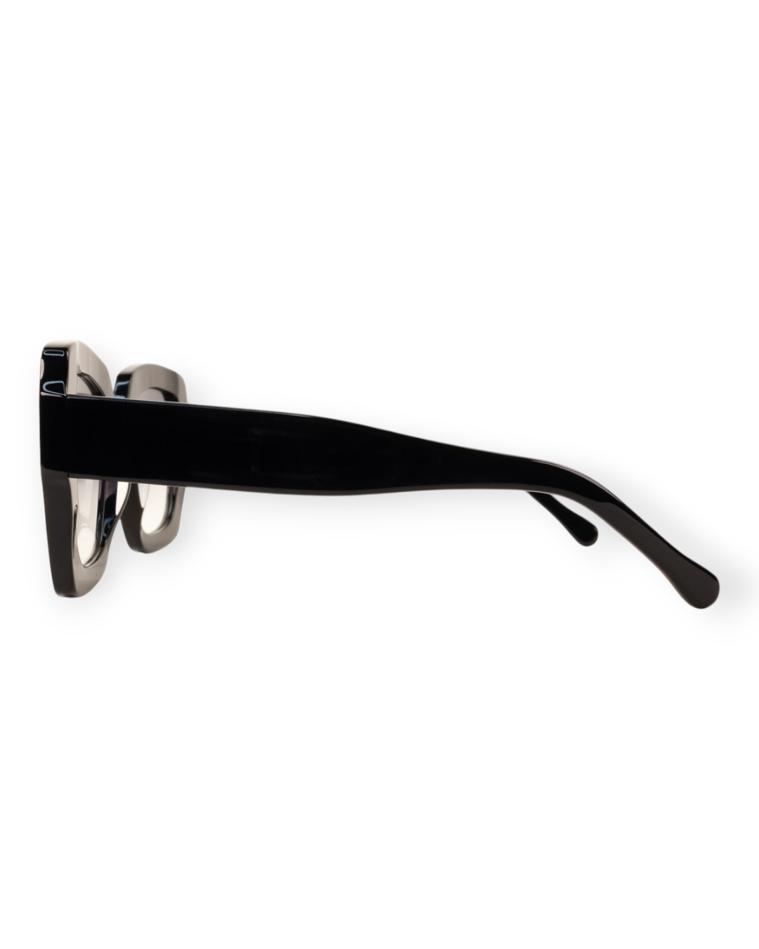 Birdie by Nina Liddle Design Ann oversized black sunglasses with a wide fit, shown from a side profile view.