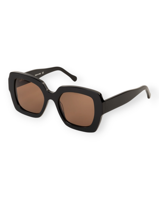 Birdie by Nina Liddle Design Ann oversized black sunglasses with brown lenses, handcrafted in Italy.