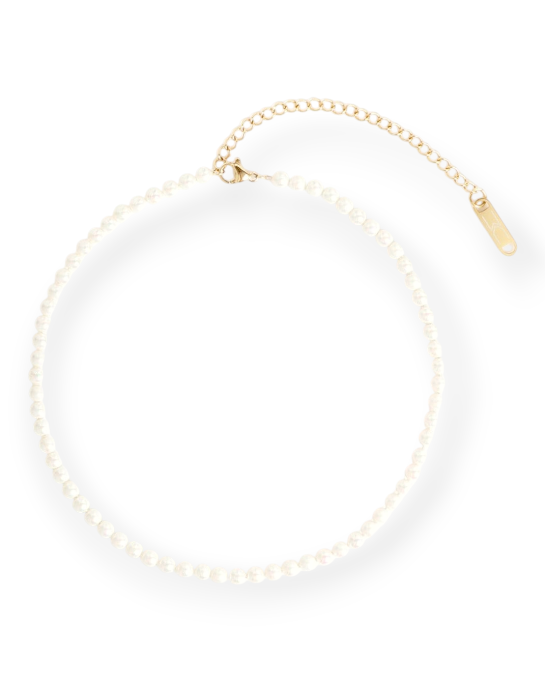 Birdie by Nina Liddle Design Augusta pearl choker with ivory glass beads and 14k gold-plated stainless steel chain.
