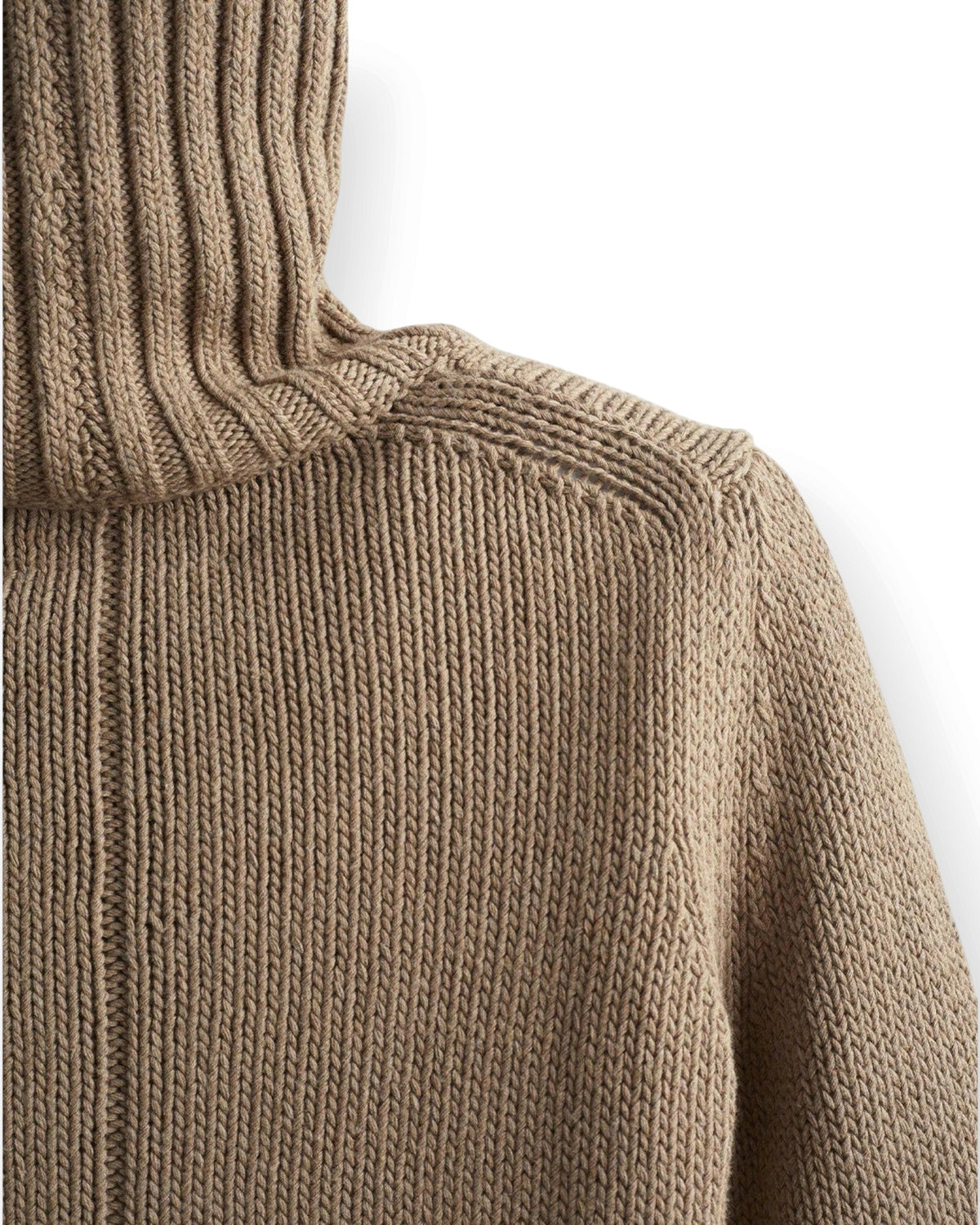 Birdie by Nina Liddle Design Wynn turtleneck sweater in beige cotton with bold ribbed knit texture and shoulder detail