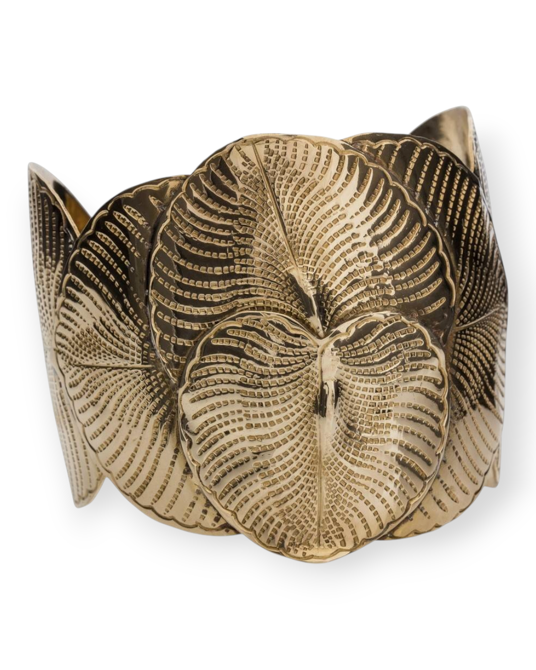 Birdie by Nina Liddle Design wide metal cuff bracelet featuring a detailed embossed eucalyptus leaf pattern.