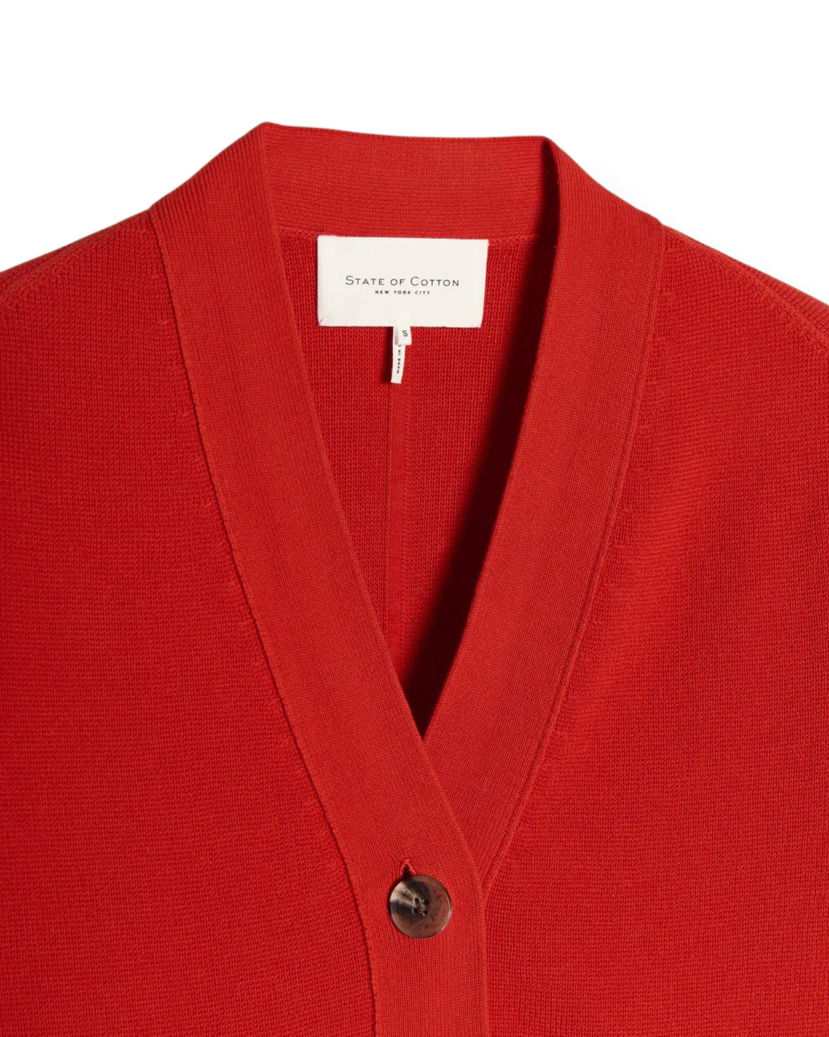Birdie by Nina Liddle Design red Egyptian cotton cardigan with a V-neck, button front, and fine knit texture.