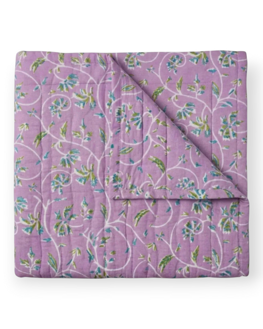 Birdie by Nina Liddle Design Marguerite queen quilt in lavender organic cotton with a block-printed botanical vine