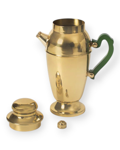 Birdie by Nina Liddle Design polished brass cocktail shaker with a green resin handle and matching lid