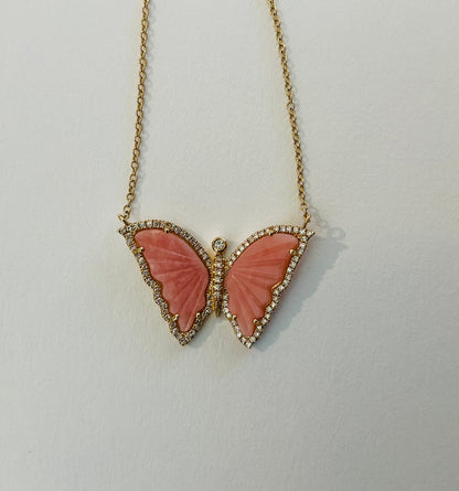 Pleated Top Diamond Trim Butterfly Necklace