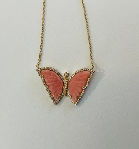 Pleated Top Diamond Trim Butterfly Necklace