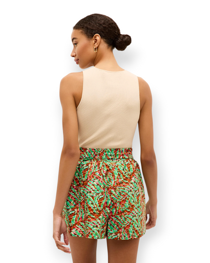 Birdie by Nina Liddle Design Miranda tank in beige ribbed knit worn with patterned shorts, back view