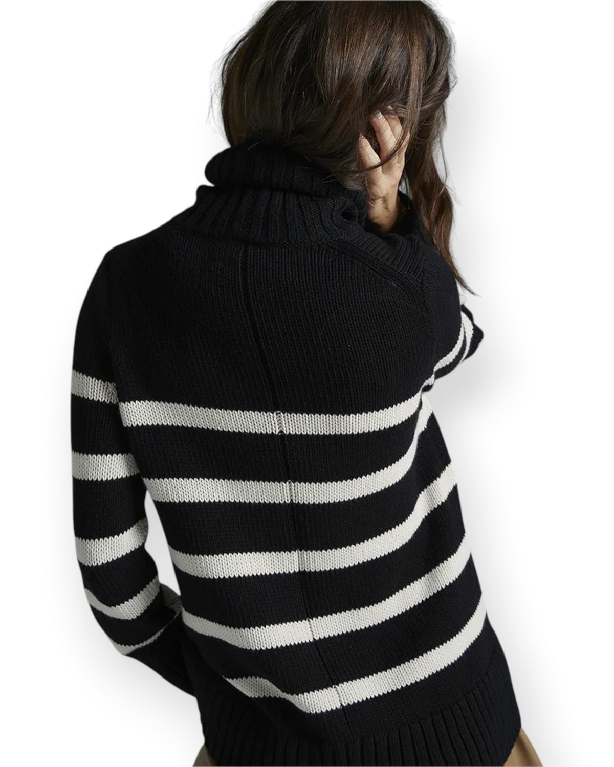 Birdie by Nina Liddle Design Wynn striped cotton turtleneck sweater in black and white with bold ribbing, back view
