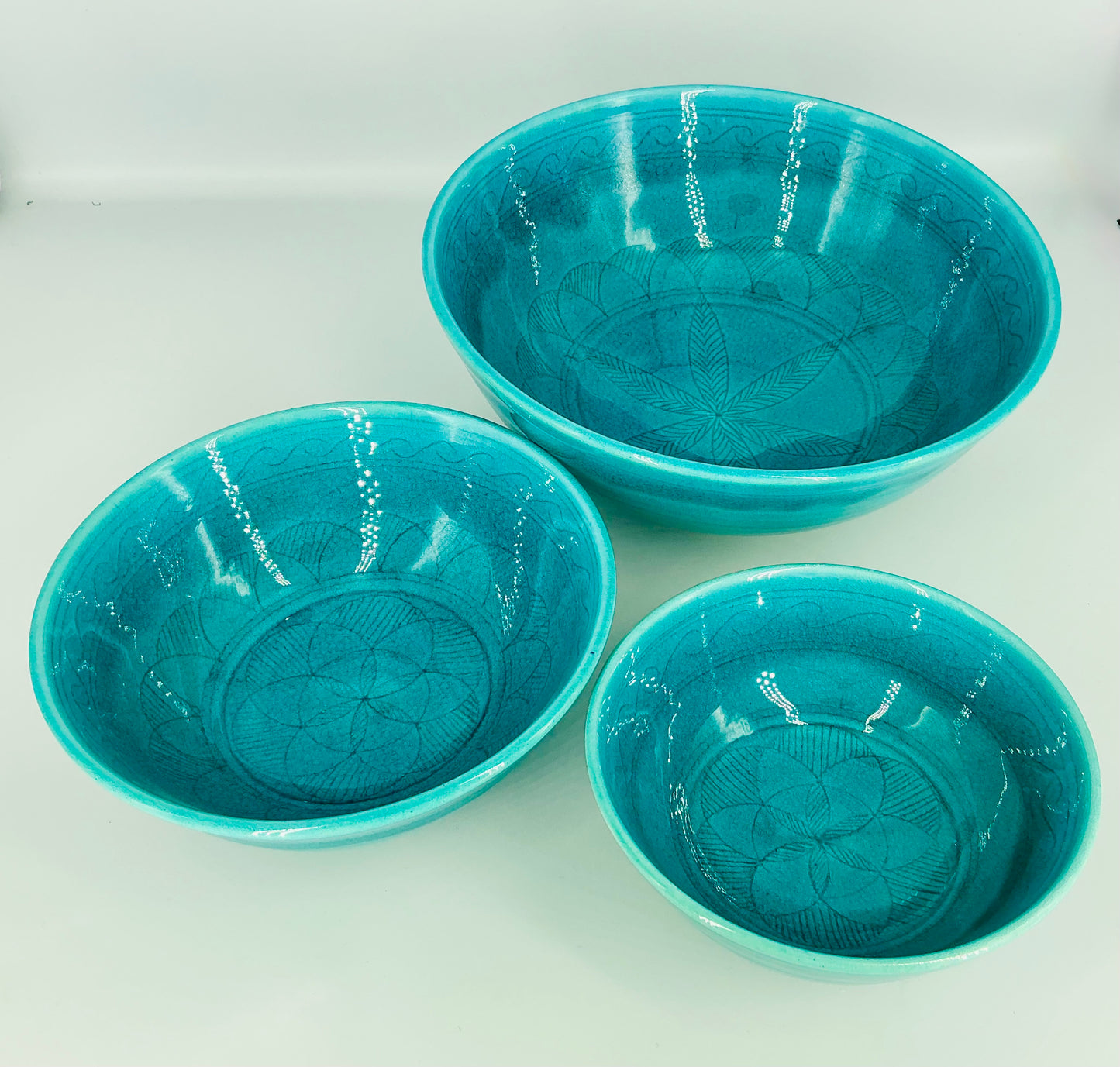 Glazed Etched Bowls - Set of 3