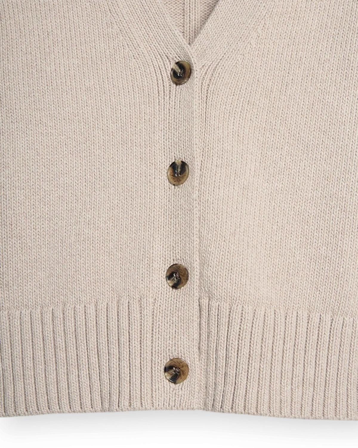 Birdie by Nina Liddle Design Peyton Cardigan in beige Turkish cotton with tortoise-hued buttons and ribbed hem