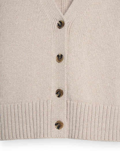 Birdie by Nina Liddle Design Peyton Cardigan in beige Turkish cotton with tortoise-hued buttons and ribbed hem